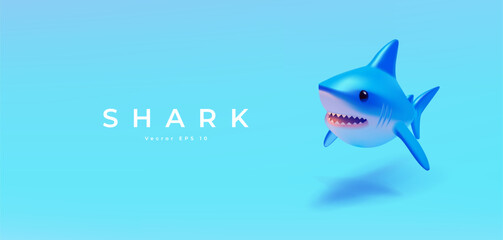 Shark swimming underwater, 3D. Aggressive aquatic predator. Modern blue banner for wildlife, diving, underwater dangerous world concepts. Vector illustration.
