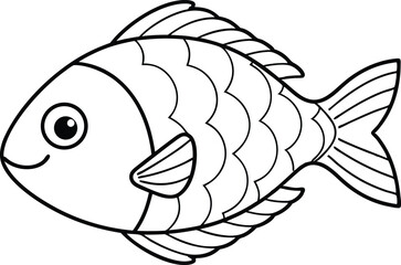 Fish With Scales And Fins, Smiling Cartoon Line Drawing On White