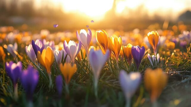Blooming crocus flowers in vibrant spring meadow bathed in warm golden morning sunlight, seamless looping 4k time-lapse animation video background. Nature concept