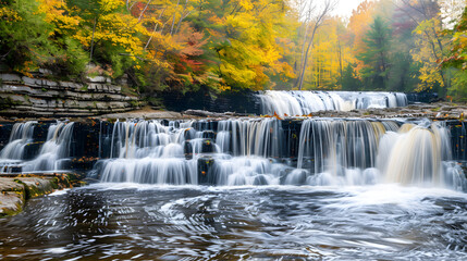 Obraz premium Mesmerizing Manabezho Falls: A Majestic View of the Presque Isle River in Porcupine Mountains Wilderness State Park