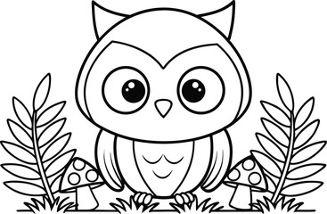 Cute Cartoon Owl with Big Eyes, Leaves and Mushrooms Line Art on White