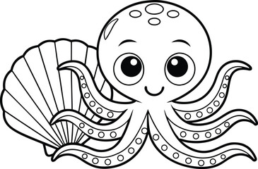Linear Octopus Character with Shell on Transparent Background, Sea Animal Design