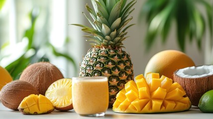 A close-up of fresh tropical fruits like pineapples, mangos, and coconuts on a kitchen table, ready to be used in a smoothie, isolated on a pure white background, realistic lighting and shadow, ideal