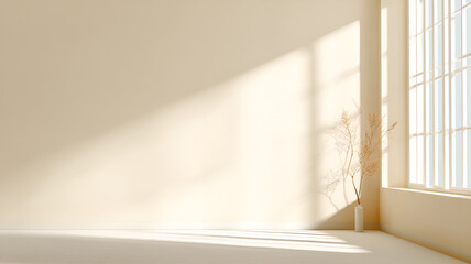 Serene Minimalist Room Sunlight Illuminates Dried Flowers Peaceful Atmosphere