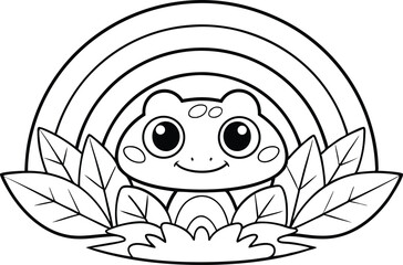 Cartoon Smiling Frog with Rainbow and Leaves Outlined Art