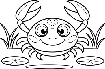 Funny Cartoon Crab Clipart With Smiling Face, Big Eyes, Lily Pads and Grass