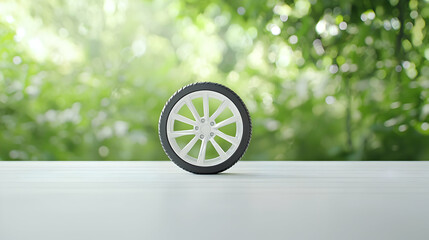 Small White And Black Wheel On Wooden Table Outdoors