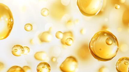 The golden essence floats in the space, crystal clear, reflecting the natural ingredients of cosmetics or essence