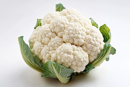 Close up of a fresh cauliflower with green leaves on a white surface top