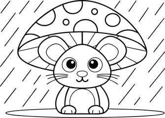 Line art of mouse sitting under mushroom in rain with transparent background