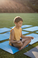 Fototapeta premium Boy practicing meditation on blue yoga mat amid multiple mats on grassy field under sunny sky