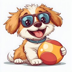 Naklejka premium Cheerful cartoon dog with sunglasses playing with a beach ball