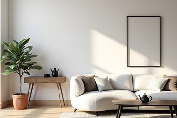 Modern Minimalist Living Room with Indoor Plant and Wooden Accents Cozy Natural Interior Design