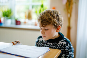 Hard-working happy school kid boy making homework during quarantine time from corona pandemic disease. Healthy child writing with pen, staying at home. Homeschooling concept