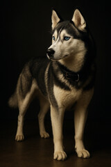 Obraz premium Retrato de estúdio de um husky siberiano com olhos azuis intensos em fundo escuro, iluminação dramática destacando a beleza e elegância da raça