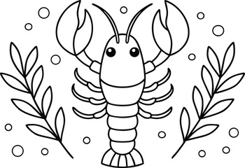 Isolated outline crawfish with bubble and leaves on transparent background