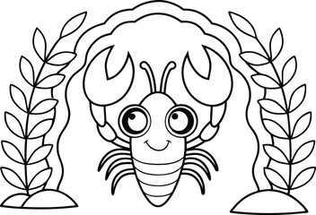 Outline Cartoon Crab with Leaves, Smiling Marine Animal, Black and White