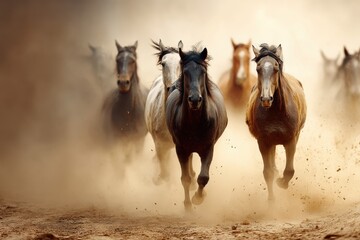 Fototapeta premium Galloping Horses Create a Dust Trail During a Traditional Race in an Open Field Under Bright Sunlight