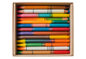 A cardboard box filled with vibrant, assorted crayons arranged neatly.