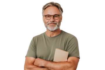 Mature Man in Olive Shirt Holding Tablet