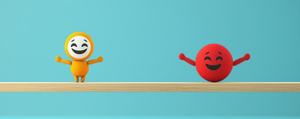 Import Tariffs policy impact concept. Two colorful, smiling characters on a balance beam against a blue background.