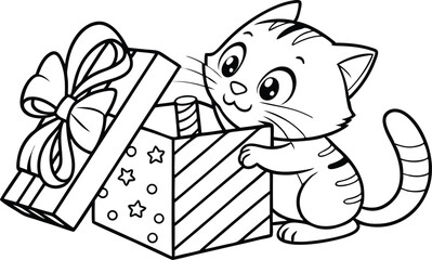 Cartoon Kitten Opens Gift Box with Bow, Stars and Stripes on Transparent Background