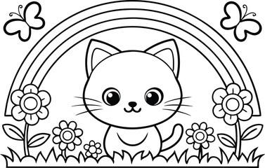 Cat under Rainbow with Flowers and Butterflies Outline Coloring Page