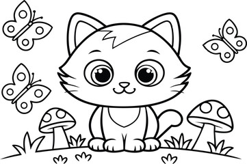 Adorable Cat Outline With Butterflies, Mushroom, and Grass on Transparent Background