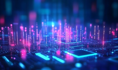 Fototapeta premium Digital Cityscape: A vibrant, futuristic cityscape rendered in neon colors, showcasing the intricate network of microchips and glowing circuits.