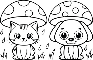 Line Art Cartoon Cat and Dog Sitting Under Mushroom with Raindrops, Outline Drawing