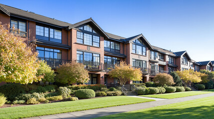 Fototapeta premium Modern apartment building surrounded by greenery and blue skies 
