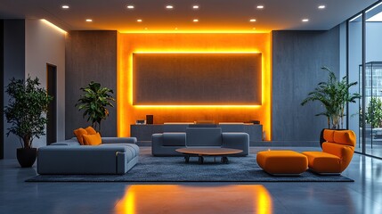 Modern living room with orange accent lighting