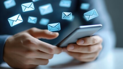 Person checking email on smartphone at office desk, isolated on white background