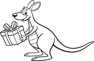 Cartoon Kangaroo Holds Present Box on Transparent Background, Line Art Drawing