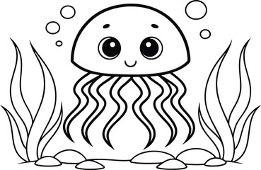 Cartoon Jellyfish with Seaweed and Bubbles, Black and White Coloring Page ©  Design_ mn