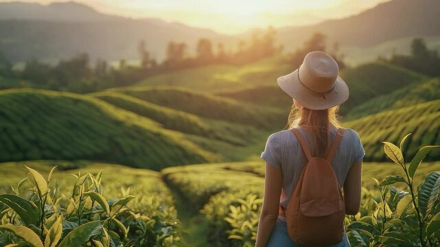 Embracing the horizon: A solo female traveler, standing amidst the rolling green hills, gazes at the horizon, filled with sunshine and hope.