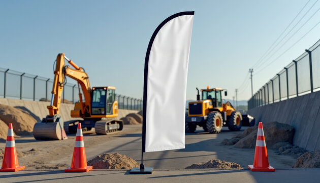 Flag banner mockup. Standing white feather flag in construction area with dirt ground and safety cones, designed for contractor branding or warnings