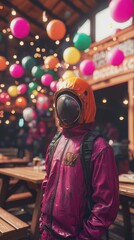 Obraz premium Vibrant Costume Suit with Biohazard Theme Against Colorful Balloon Decor in Festive Event Setting
