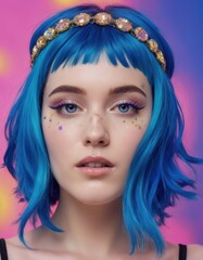 Naklejka premium Vibrant Blue Bob Haircut with Crystal Headband Edgy Short Hairstyle Inspiration