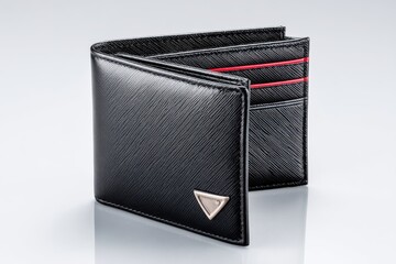 Elegant Black Leather Wallet with Red Accents and Silver Logo