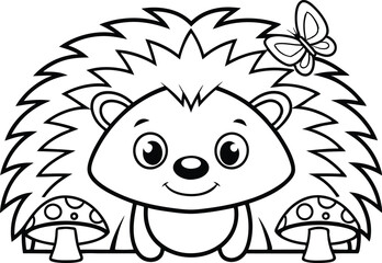Outline cartoon hedgehog with butterfly and mushrooms. Black on transparent