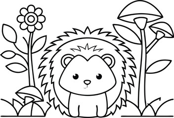 Simple Outline Hedgehog Standing Surrounded by Flowers and Mushrooms