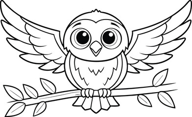 Outline owl flapping wings, perched on leafy branch against transparent background