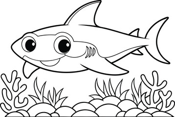 Cartoonish shark outline swimming over rocks with seaweed isolated on white