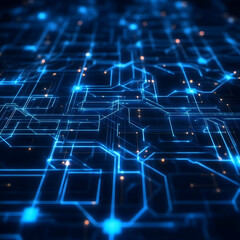 Naklejka premium Futuristic circuit boards with glowing blue lines and geometric connections form a 3D digital network in a neon grid pattern across a high-tech cyberspace landscape.