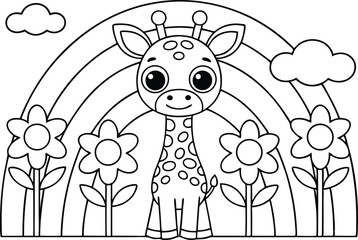 Line art giraffe with flowers and rainbow cartoon for kids coloring