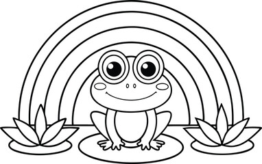 Outline Cartoon Frog on Lily Pad with Rainbow Above on Transparent Background