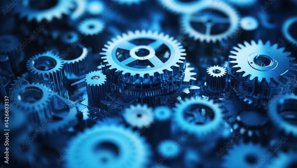 Poster Abstract digital blue hologram of gears and cogs, representing the complexity and interconnected nature of rule-based generative AI in industrial design and mechanical engineering Generative AI