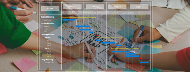 A vibrant scene of a collaborative project management session, featuring diverse hands engaged with...
