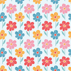 seamless pattern design features colorful flowers in red, yellow, pink, and blue on a light blue background